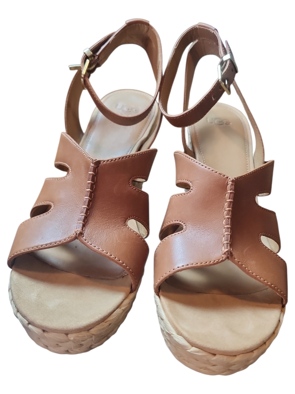 UGG | Women’s Careena Wedge Espadrille Brown Chestnut Leather Heels | US 9.5 - Picture 1 of 10